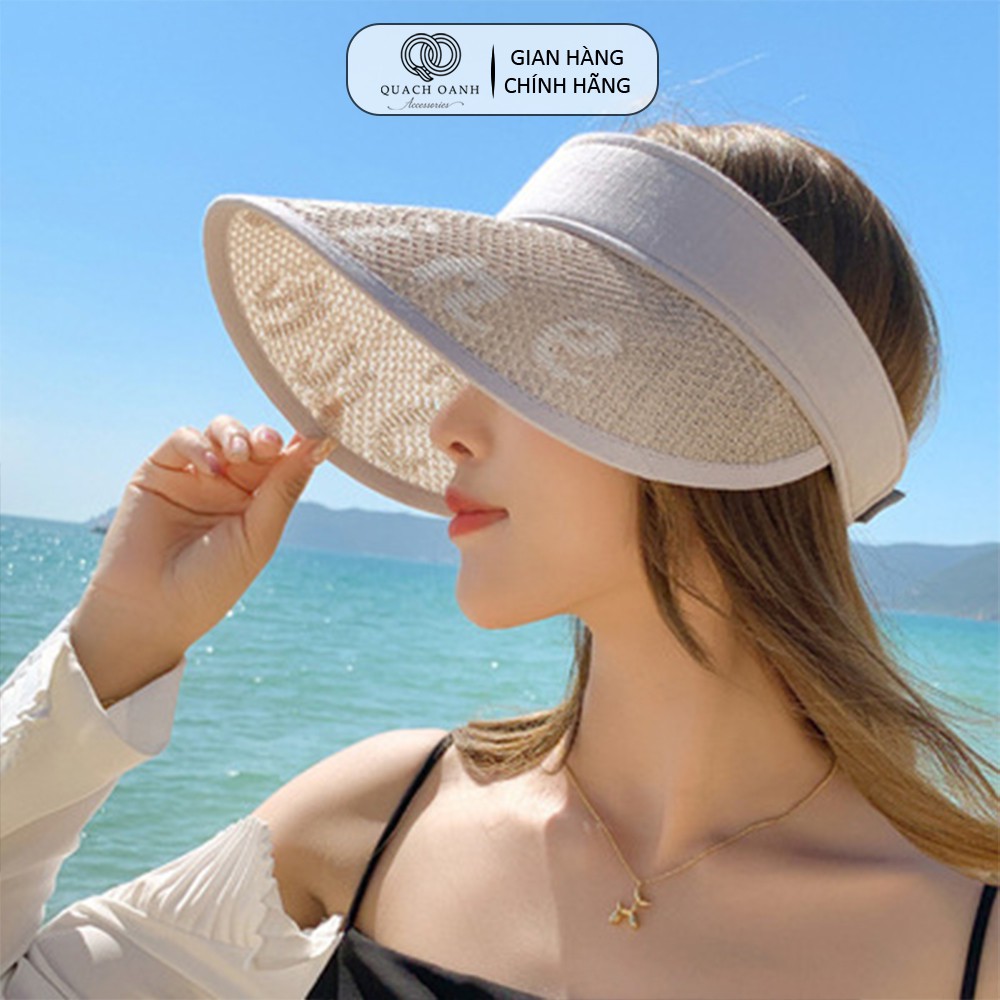 Mũ cói mềm nón đi biển QO ACCESSORIES nữ thêu chữ nửa đầu mùa hè chống nắng MU91