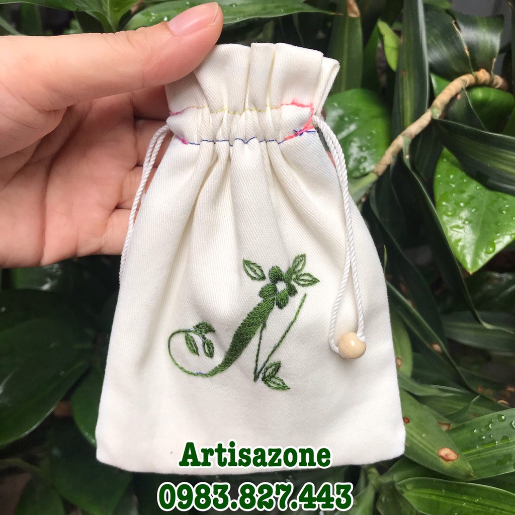 Túi vải dây rút mini thêu chữ cái - Kích thước: 11cm x 14cm- 01 chiếc (Đọc kỹ mô tả sản phẩm)