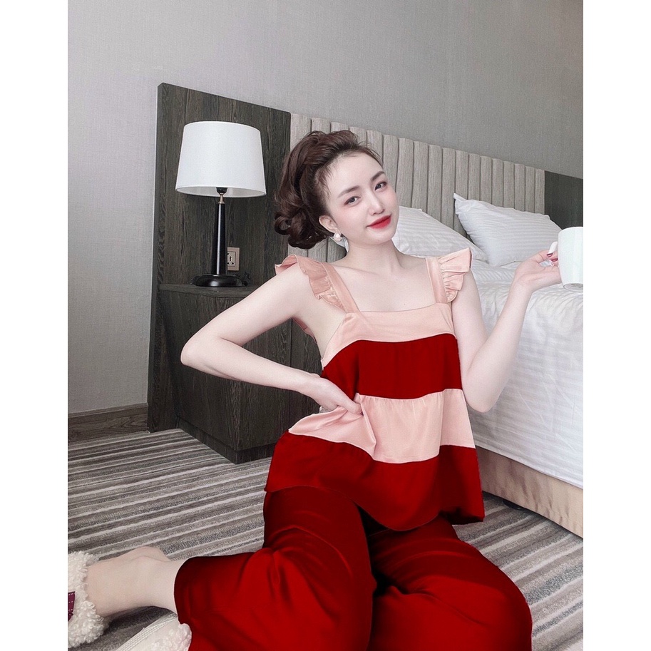 Đồ Bộ Lụa Quần Dài Ống Suông Áo Dây Vai Bèo Cánh Tiên Phối MÀàu Dễ Thương Freesize Dưới 57kg