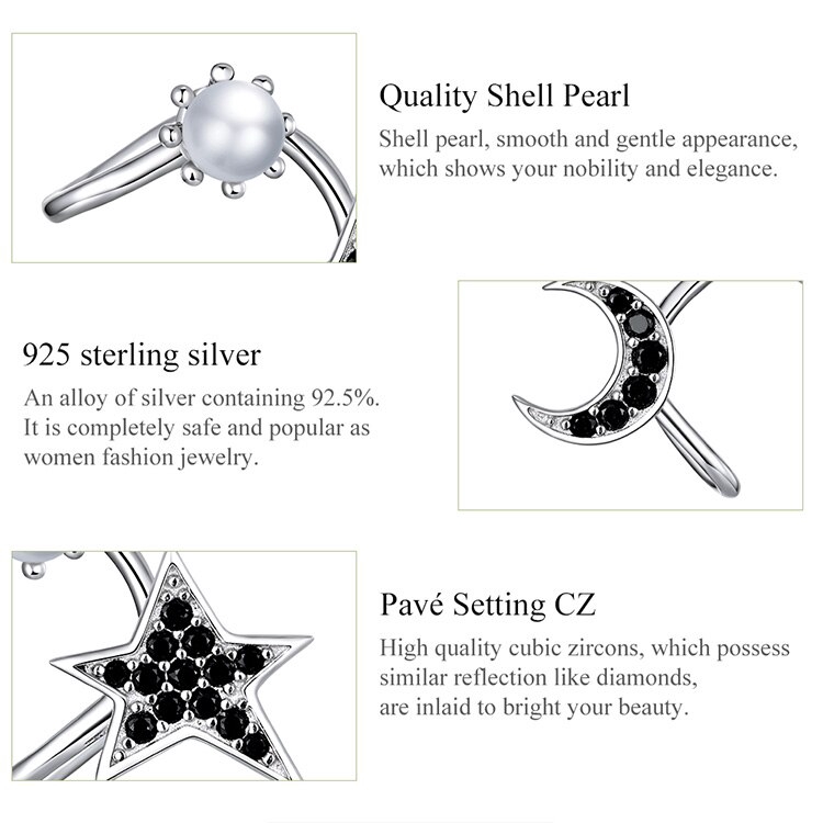 Khuyên Kẹp Tai Bamoer BSE387 Hình Ngôi Sao/Mặt Trang Đính Đá Màu Đen Thời Trang Nam Nữ Làm Bằng Bạc 925