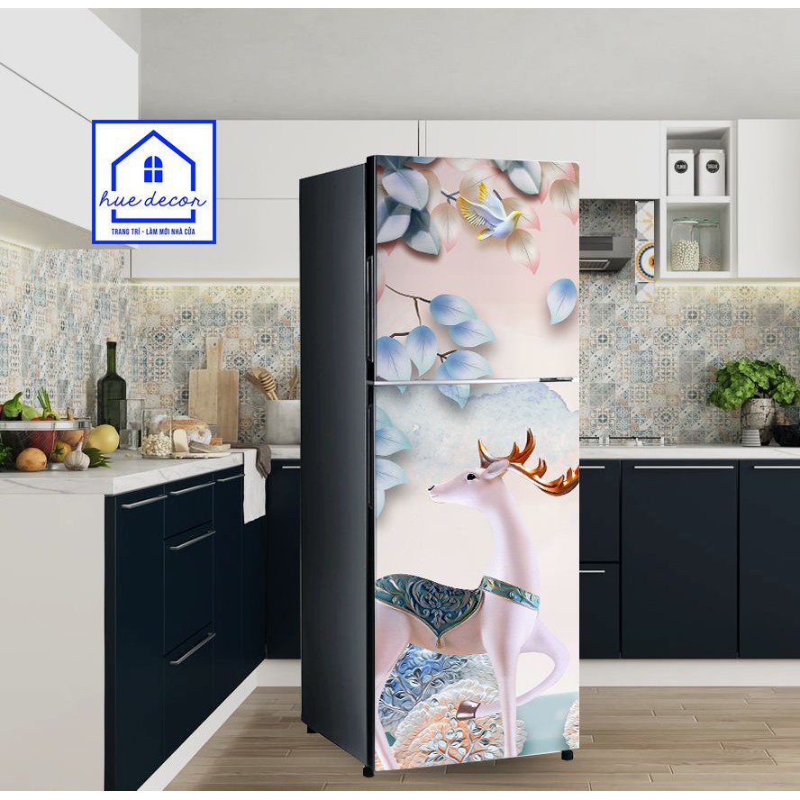 Decal tủ lạnh phong thuỷ Hươu tài lộc ( Bạc)  HUE DECOR Siêu bền, chống nước  phù hợp với mọi không gia