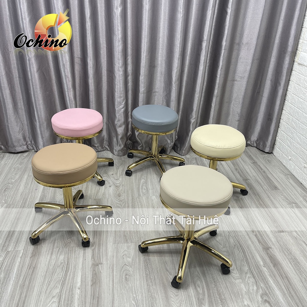 Ghế Bánh Xe Chân Vàng, Ghế Spa Cao Cấp Bọc Da Mẫu Tròn Trơn Sang Chảnh Điều Chỉnh Độ Cao 45cm-55cm (