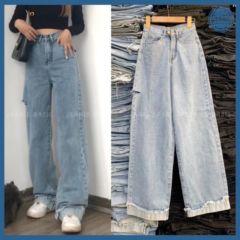 Quần jean nữ JEANIE ống rộng gấp gấu rách hông form dài trùm giày Xịn