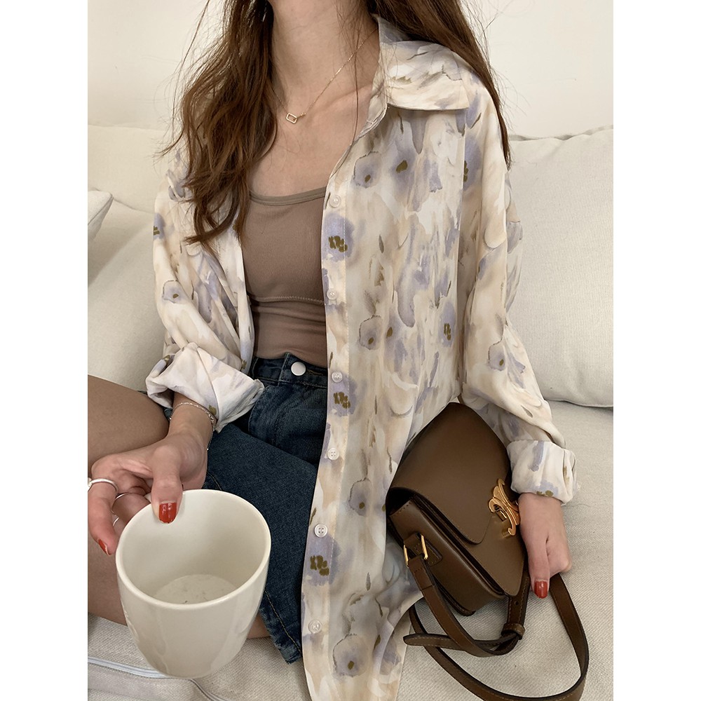 Áo sơ mi form rộng in họa tiết hoa phong cách Hàn Quốc dành cho nữ