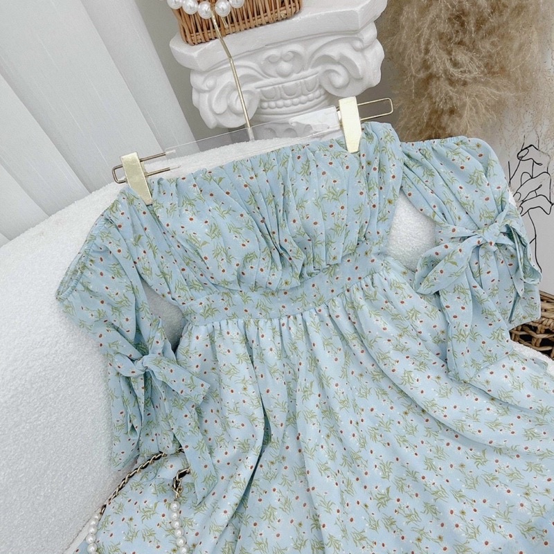 ĐẦM HOA RỚT TAY NƠ BO EO