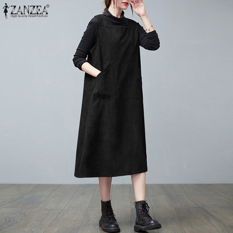 Váy dài ZANZEA không tay thiết kế túi xinh xắn thời trang cho nữ