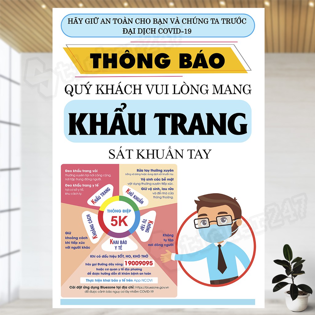 Poster decal dán thông báo mang khẩu trang, sát khuẩn tay, thông điệp 5K dán cửa, dán kính, tường, chống nước