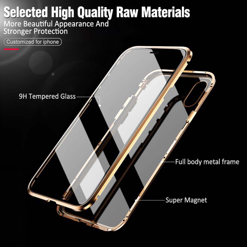 Ốp Điện Thoại Kính Cường Lực Viền Kim Loại Nam Châm Cho iPhone 7 8 6 6s Plus 11 Pro XS XR XSMax