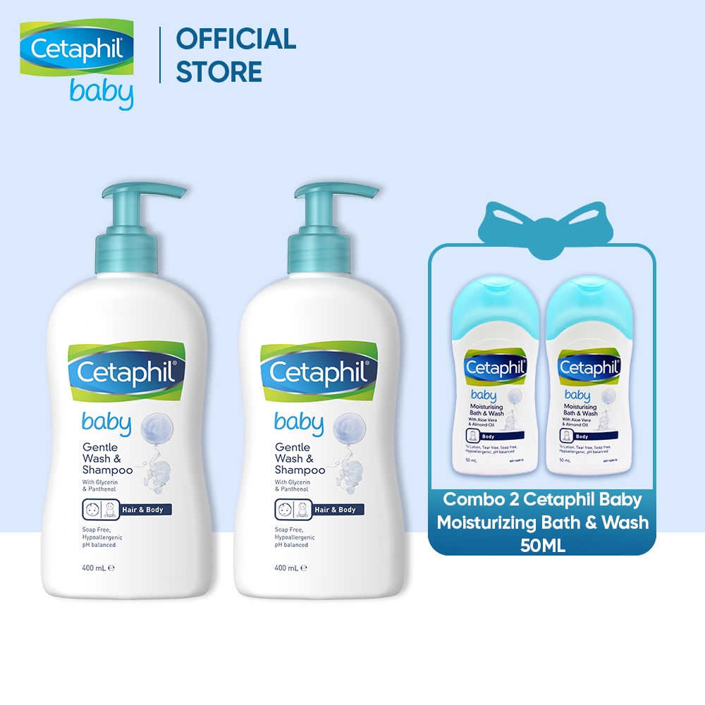 [Tặng 2 Cetaphil Baby Moist Bath&amp;Wash 50ml] Combo 2 Sữa tắm gội cho bé Cetaphil Baby Gentle Wash &amp; Shampoo 400ml/chai