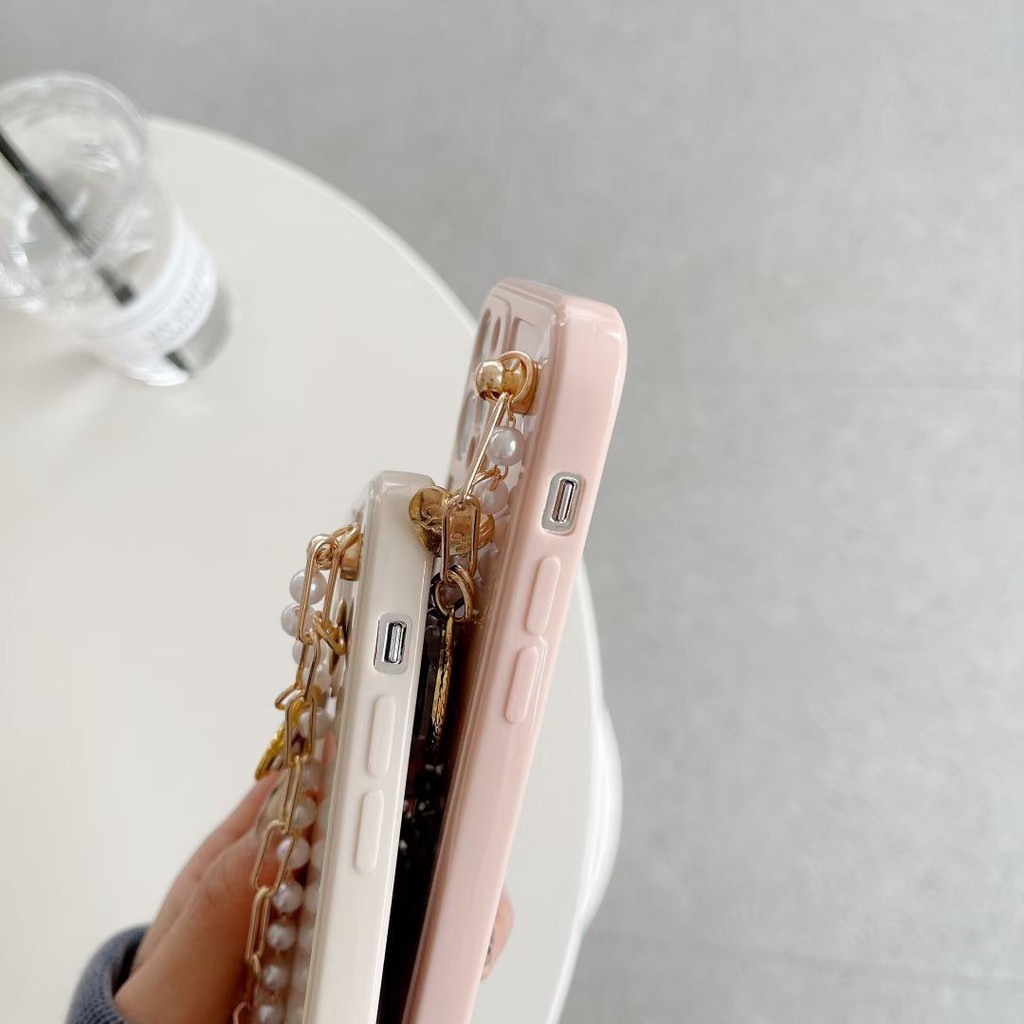 Ốp Điện Thoại Màu Be/Hồng Đính Ngọc Trai Có Dây Đeo Hình Gấu Dễ Thương Cho Iphone 12 X 11PRO MAX 12 PRO MAX