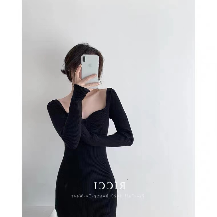 DUNEA Đầm dệt kim đen dáng ôm dài thời trang dành cho nữ