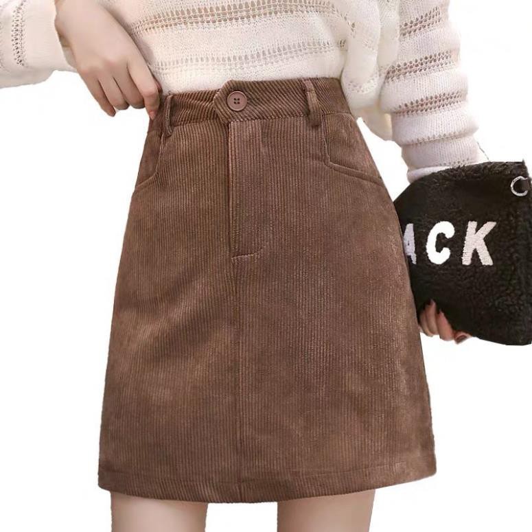 Chân váy chữ A nhung tăm cạp cao có quần lót trong - Thời trang đường phố Hong Kong - 3 màu Đen, Kem, Nâu | BigBuy360 - bigbuy360.vn
