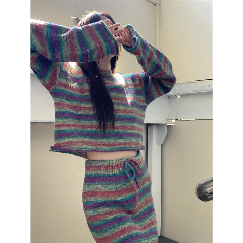Bộ Áo Dệt Kim Kẻ Sọc Màu Sắc Tương Phản Phối Chân Váy Lưng Cao Kiểu Retro Mùa Thu Cho Nữ