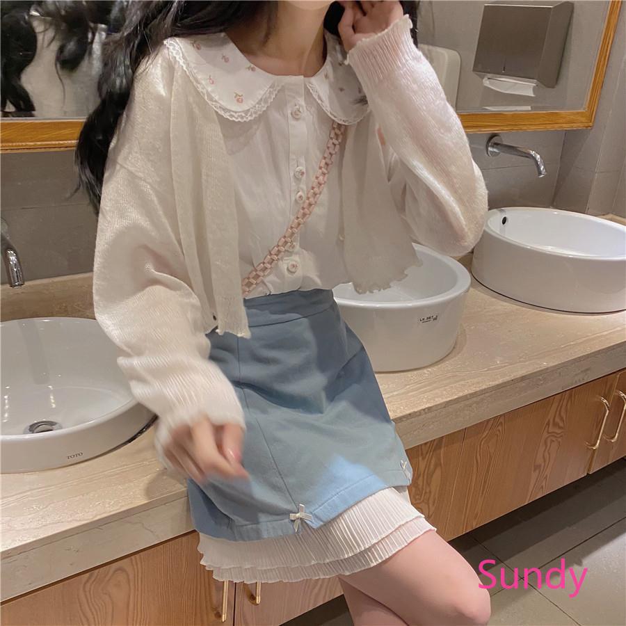 Chân váy xếp ly chữ A lưng cao đính nơ phong cách Nhật Bản thời trang xinh xắn cho nữ