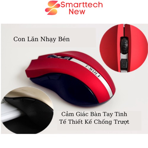 Chuột Không Dây Máy Tính, Chuột Bluetooth Q5 T-WOLF Kết Nối 2.4 GHZ 3 Màu Xám - Xanh - Đỏ 1200 DPI Cứng Cáp