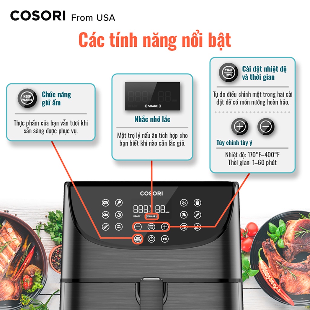 Nồi chiên không dầu COSORI CP158 Dung tích 5.5L Màn hình LED cảm ứng Sách công thức nấu ăn Lồng nồi chống dính