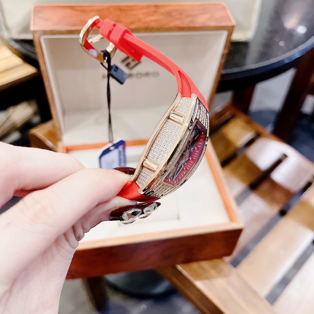 Đồng Hồ Cặp Đôi Hanboro Nam Máy Automatic, Nữ Máy Pin , Dây Cao Su Màu Đỏ , Size 36mm/48mm fullbox