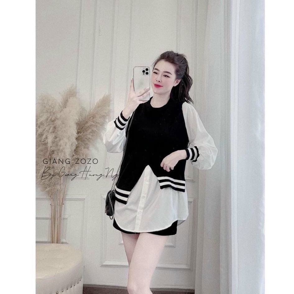 LOVISHOP- Áo babydoll trắng đen sọc bo tay siêu basic Lovi