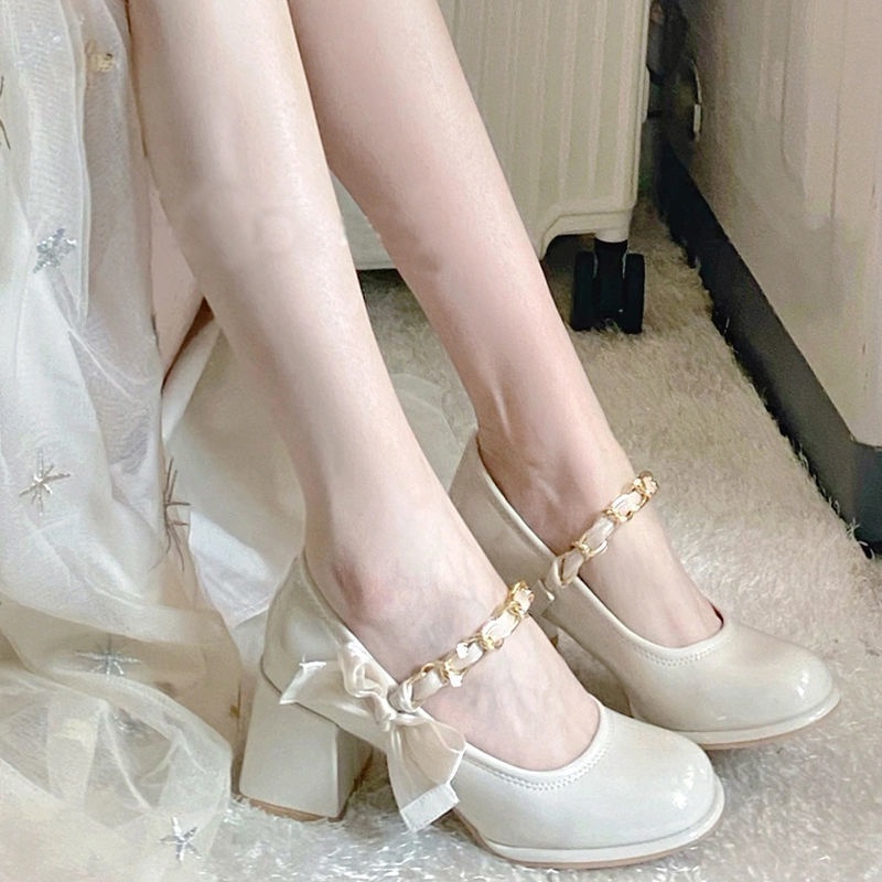 Giày Cao Gót Da Phối Nơ Xinh Xắn Theo Phong Cách Mùa Xuân Hàn Quốc 2022