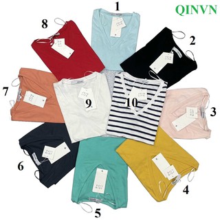 Áo thun nữ cổ tim form rộng ngắn tay chất loại 1 mềm mịn mát full tag, dây vai phụ