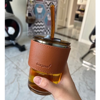 Cốc Thủy Tinh 450ML Bọc Da Cao Cấp Tặng Kèm Ống Hút