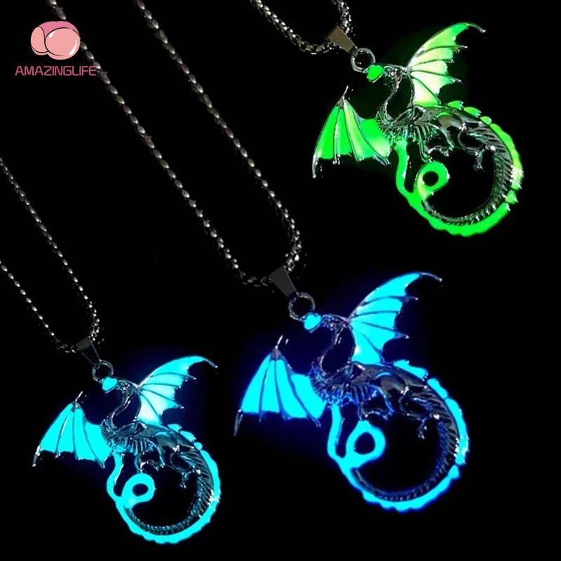 Dây Chuyền Mặt Hình Rồng / Chó Sói / Trái Tim Dạ Quang Phong Cách Hip Hop Cổ Điển Bằng Thép Không Gỉ Dành Cho Halloween