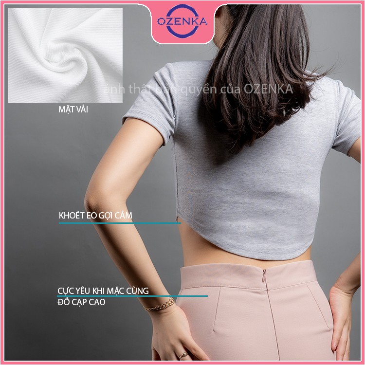 Áo croptop nữ cổ tròn khoét eo OZENKA , áo thun nữ kiểu crt ôm body tay ngắn thun gân 100% cotton màu đen trắng ghi hồng