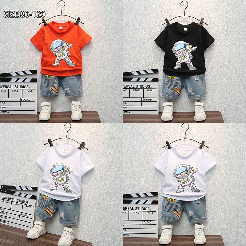 SUGE Bộ Đồ Ngủ Áo Thun Tay Ngắn Phối Quần Short Vải Cotton Mềm In Hoạt Hình Phi Hành Gia Dễ Thương Cho Bé