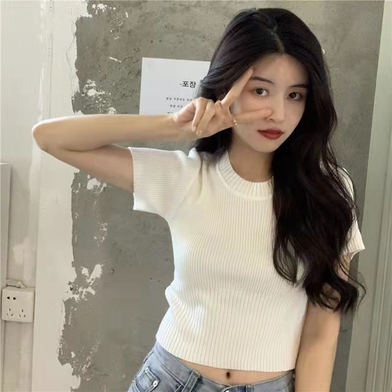 Zhainvchaoyi Áo Thun Croptop Dệt Kim Tay Ngắn Cổ Tròn Màu Trơn Đơn Giản Thời Trang Mùa Hè Hàng Mới