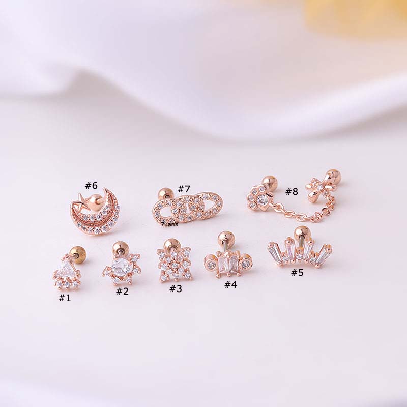 Khuyên xỏ thép không gỉ 20G đính đá zircon phía sau vít cá tính dành cho nữ