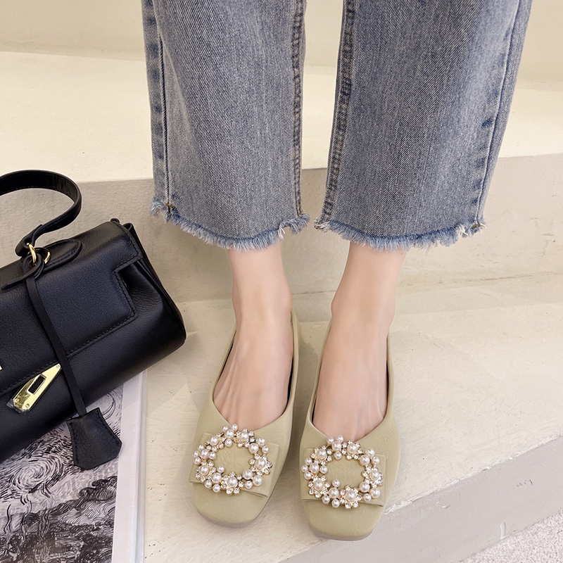 Giày búp bê đế bằng màu trơn đính ngọc trai phong cách Hàn Quốc thời trang cho nữ