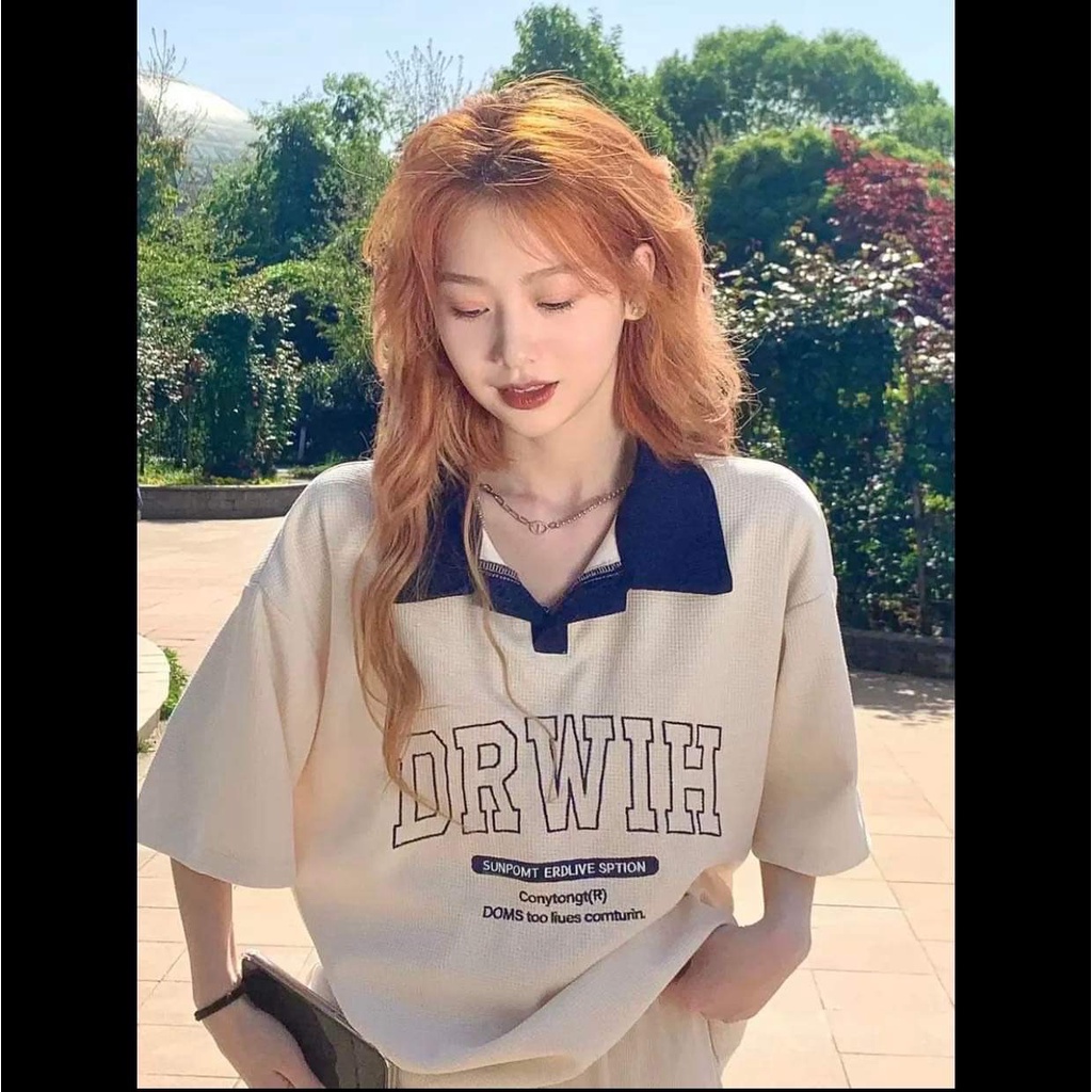 Áo thun POLO Xốp nữ Màu Be tay lỡ có cổ phông form rộng freesize unisex mặc đi học, cặp, nhóm, lớp thêu hình DỄ THƯƠNG