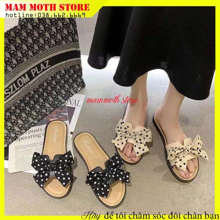 Dép nữ,Dép quai ngang đế bệt phối nơ thời trang, dép nơ lụa 2 màu đen kem, size 36-39