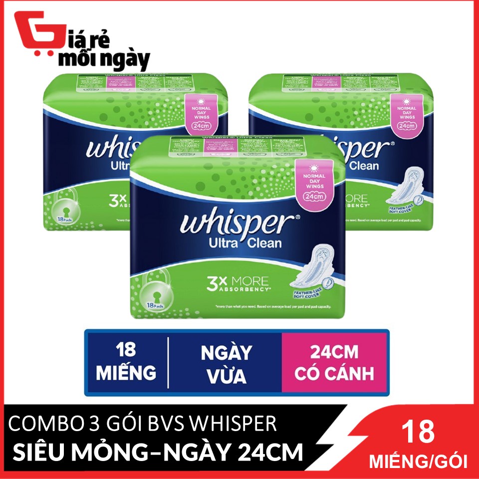 Combo 3 Băng vệ sinh Whisper Siêu mỏng có cánh Ngày (24cm) 18 miếng x3