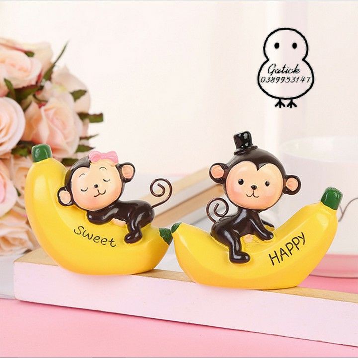 Khỉ ôm chuối trang trí bánh kem (bộ 2 khỉ), topper cake, Phụ kiện bánh kem