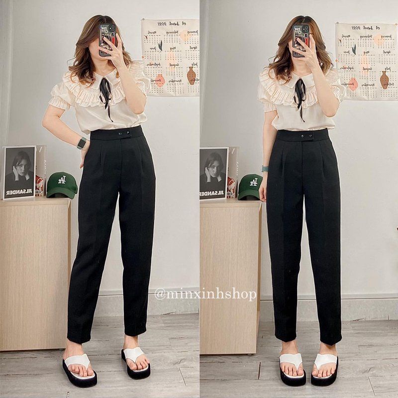 Quần tây đen công sở nữ dài phối 2 khuy bấm mặc đi học làm dáng ống suông Quần tây baggy nữ bigsize cạp lưng cao vải mềm