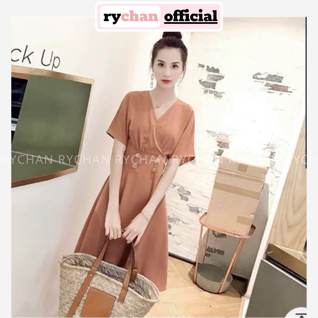 Đầm Công Sở 4 Nút Cổ V Tay Ngắn Form Xòe Thanh Lịch Dạo Phố Màu Nude [ẢNH THẬT CUỐI] - DX9766