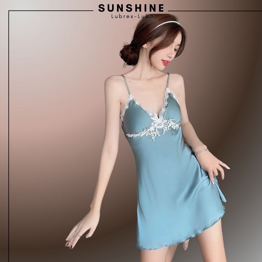 Váy Ngủ Lụa Sexy 2 Dây  Satin Phối Ren Có Mút Ngực Quyến Rũ Gợi Cảm Màu Xanh- SUNSHINE LUBREXLUBO -VL165