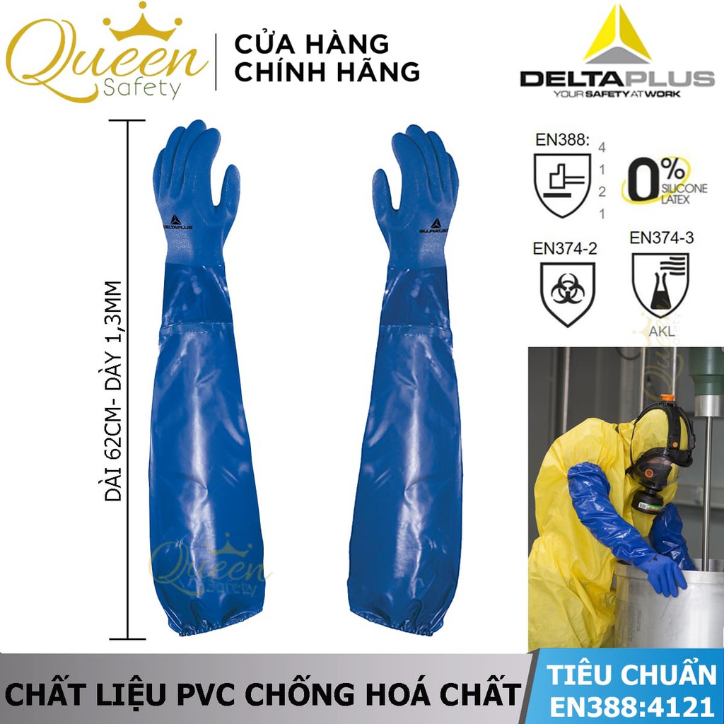 Găng tay chống hóa chất Delta plus VE766 chống mài mòn, chống dầu và hóa chất, thấm hút mồ hôi tốt (xanh dương)