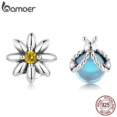 BAMOER 1 Đôi Bông Tai bạc 925 Hình Bọ Rùa Không Đối Xứng Thời Trang Cho Nữ sce1364