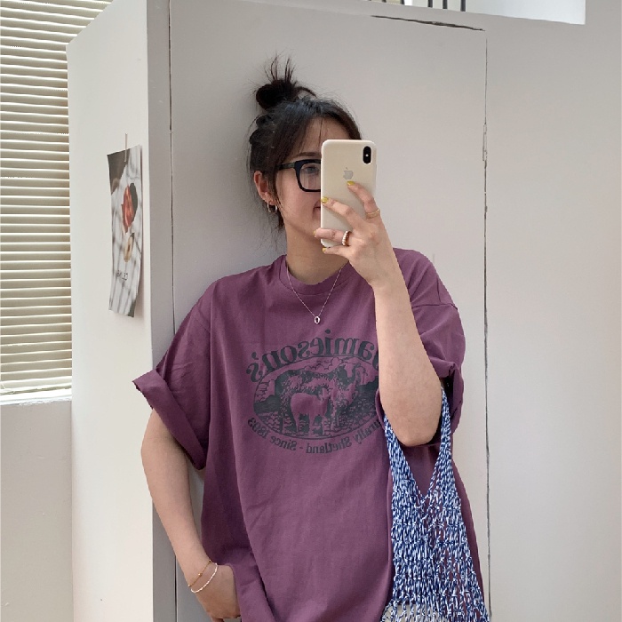 Áo thun IELGY tay lỡ cổ tròn dáng rộng thời trang Harajuku Hàn Quốc thích hợp cho nữ