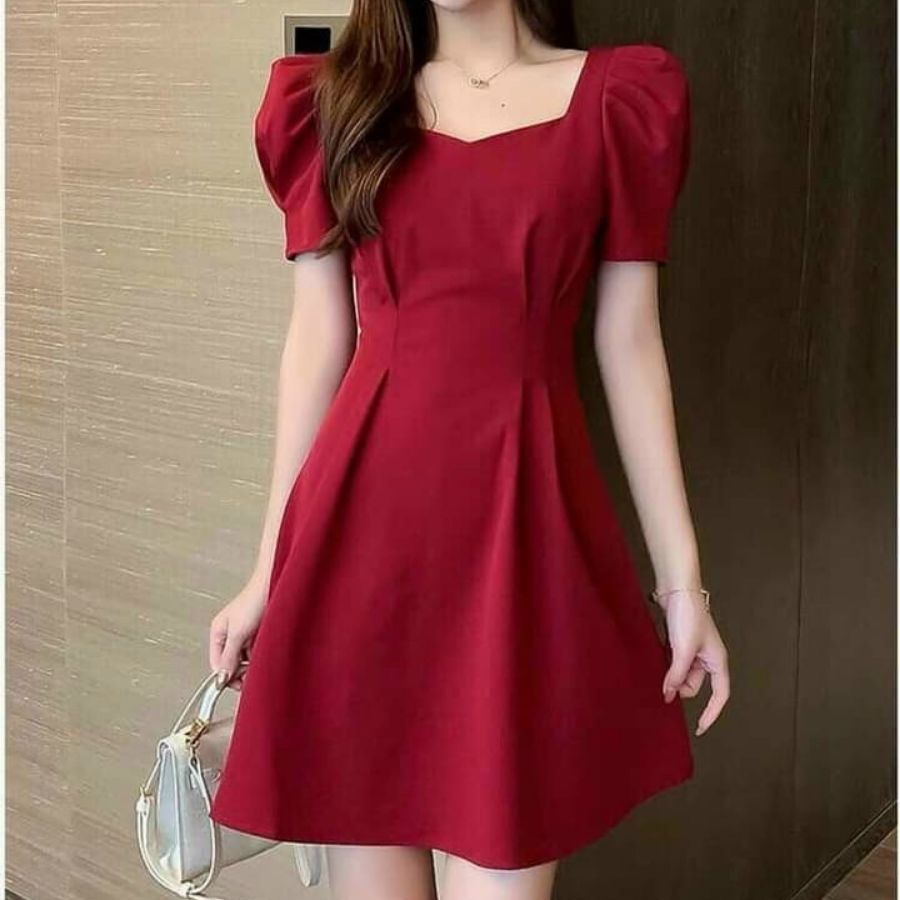 Váy đỏ nữ, đầm đỏ đô N137 thiết kế cổ vuông sang trọng form ngắn 85cm khoe chân dài