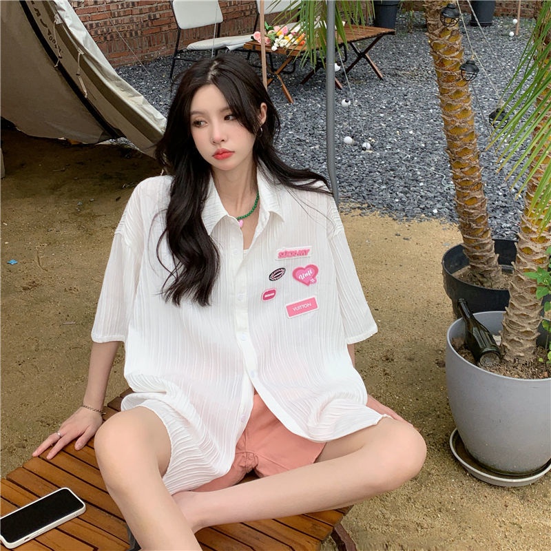 Áo Sơ Mi Ngắn Tay Dáng Rộng Họa Tiết Kẻ Sọc Thời Trang Mùa Hè Cho Nữ