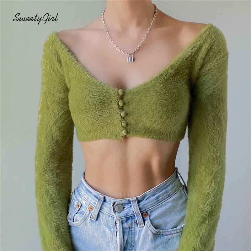 Áo croptop tay dài cổ chữ V màu trơn thời trang quyến rũ thích hợp cho nữ