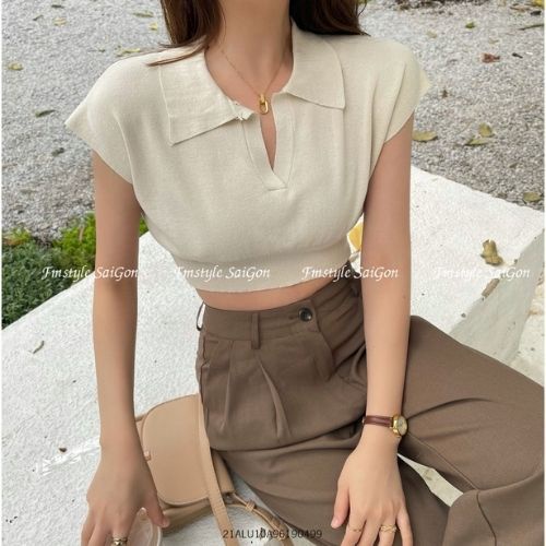 Áo len croptop dệt kim cổ Polo bo eo tay ngắn chất mịn màu thu đông phong cách hàn quốc VM STYLE 22ALU03G10901