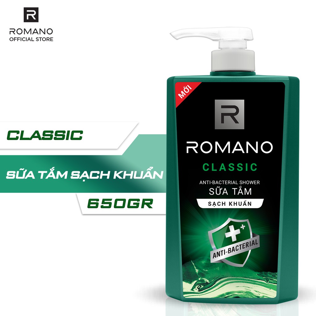 Combo Dầu gội sạch gàu & sữa tắm sạch khuẩn Romano Classic 650g/chai