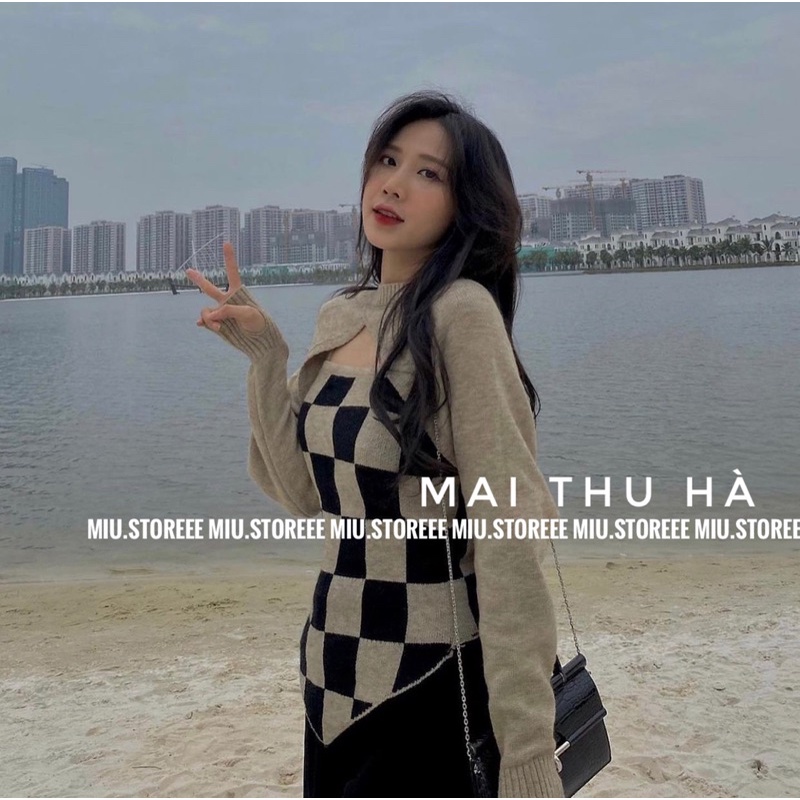 SET ÁO HAI DÂY KẺ CARO KÈM ÁO LEN CHOÀNG | BigBuy360 - bigbuy360.vn