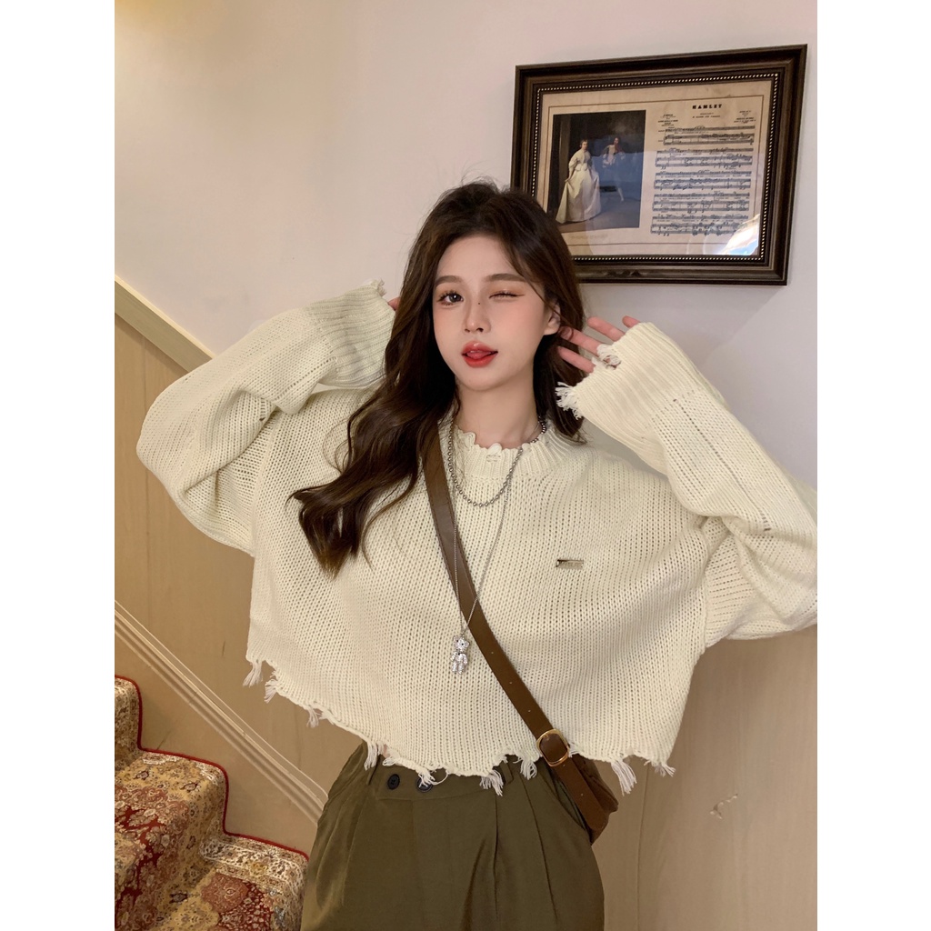 Áo len croptop Phong cách cá tính Áo len tua rua Nấm Lùn Clothes Áo len cổ tròn