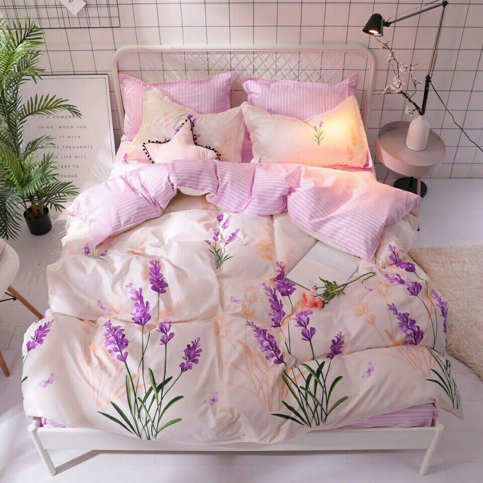 Bộ vỏ chăn ga gối cotton poly hàn quốc (hoa lavender)