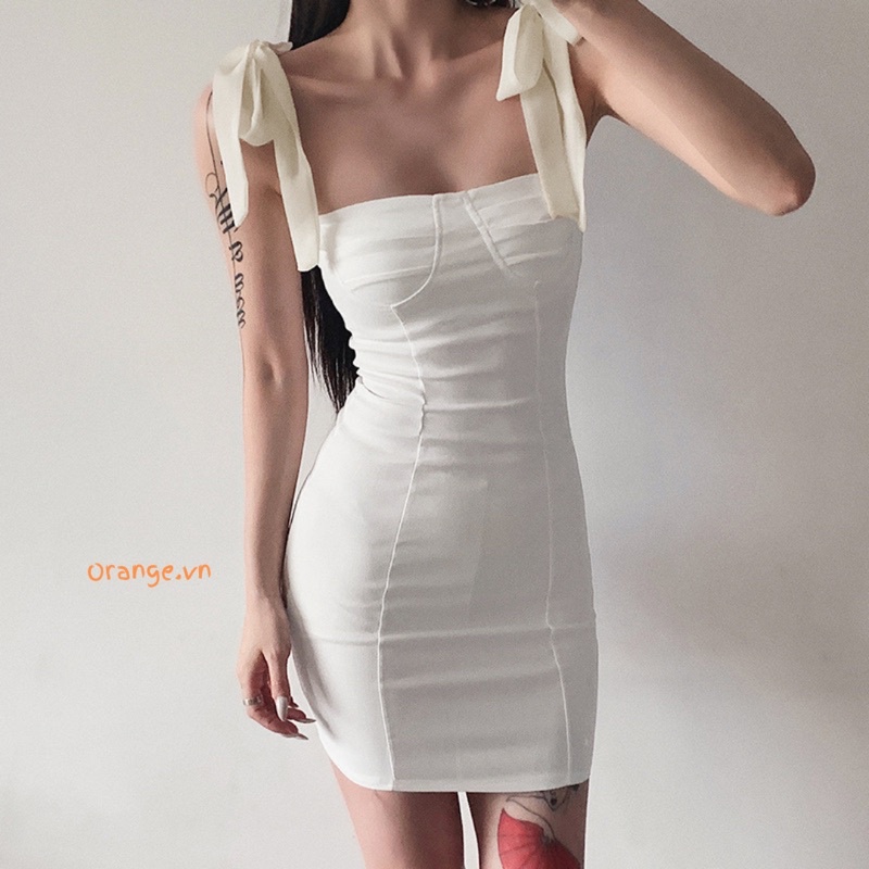 Lona Dress - Váy hai dây body cột nơ màu trắng, đen